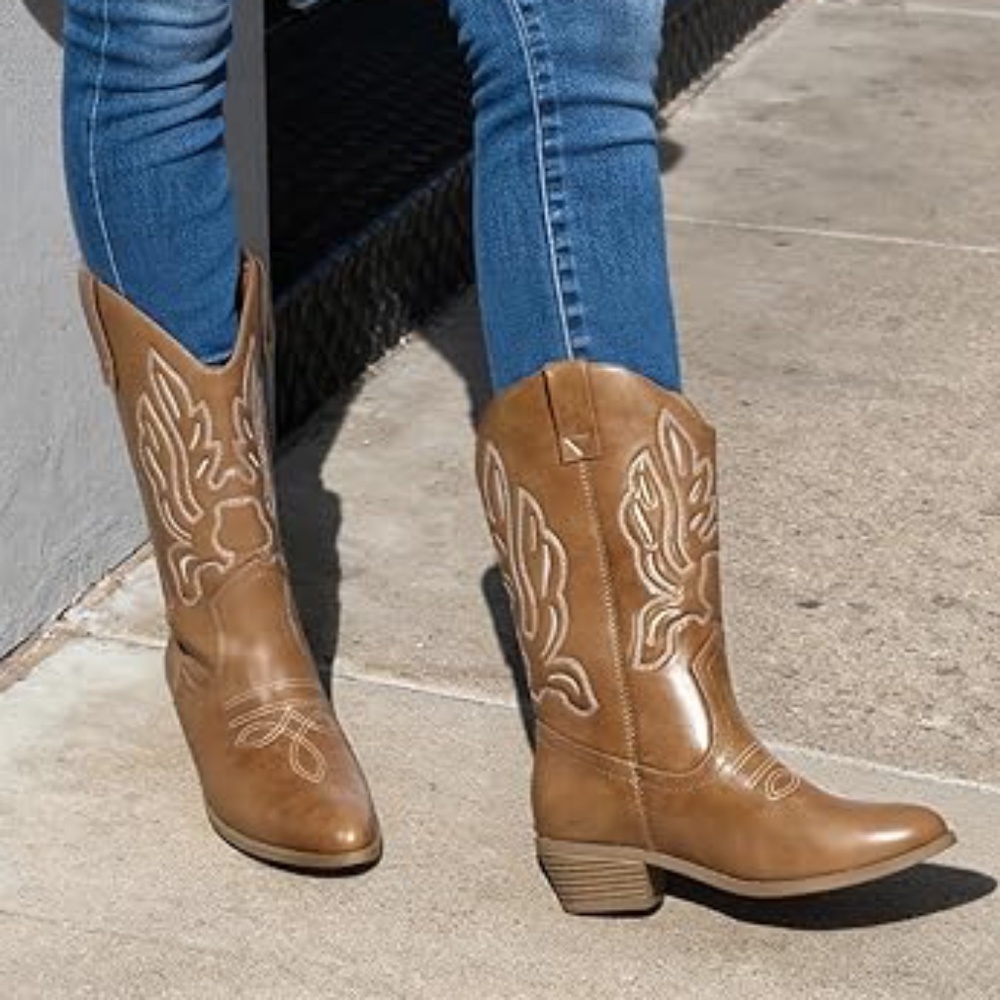 Dream Pairs Mid Calf Embroidered Stitch Western Cowgirl Boots 6.5